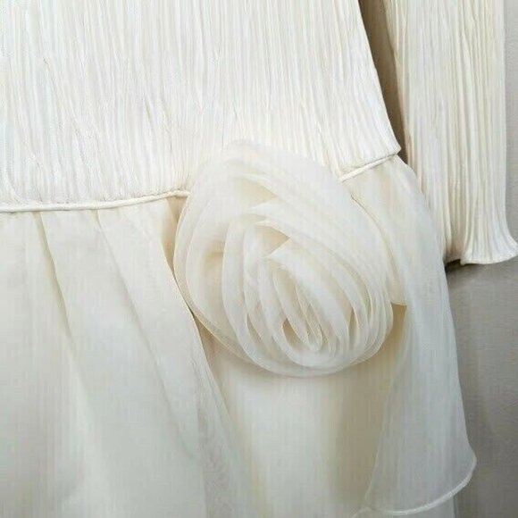 Vintage White Long Sleeve Pleated Dress With Layered Chiffon Skirt & Rose Detail - Picture 3 of 9
